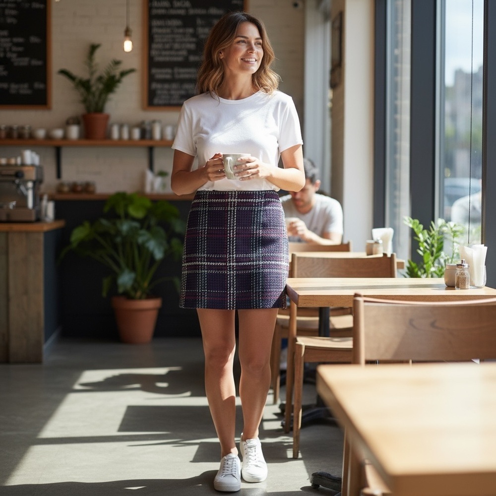 White House Black Market Women Plaid Tweed Mini Skirt 6 Black Red White Holidays - Picture 11 of 13